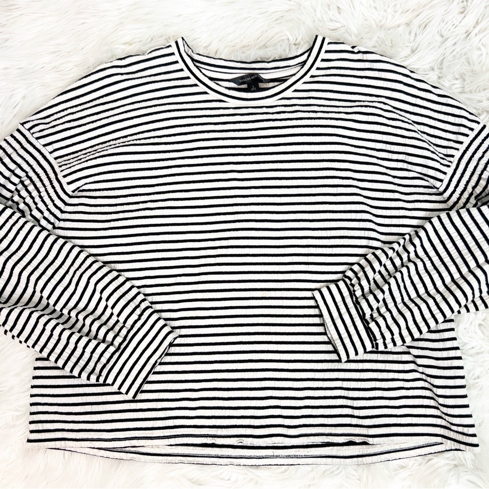 BANANA REPUBLIC BLACK WHITE STRIPE LONG PUFF SLEEVE BOXY SHIRT SZ LARGE